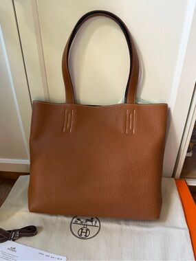 Authentic Hermes Double Sens Tote Clemence Gold/Deep Blue